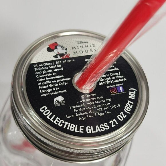 2 Disney Collectible 21 oz Glass Mason Jar Minnie & Mickey ❤️Forever w Straw Lid - Picture 5 of 10